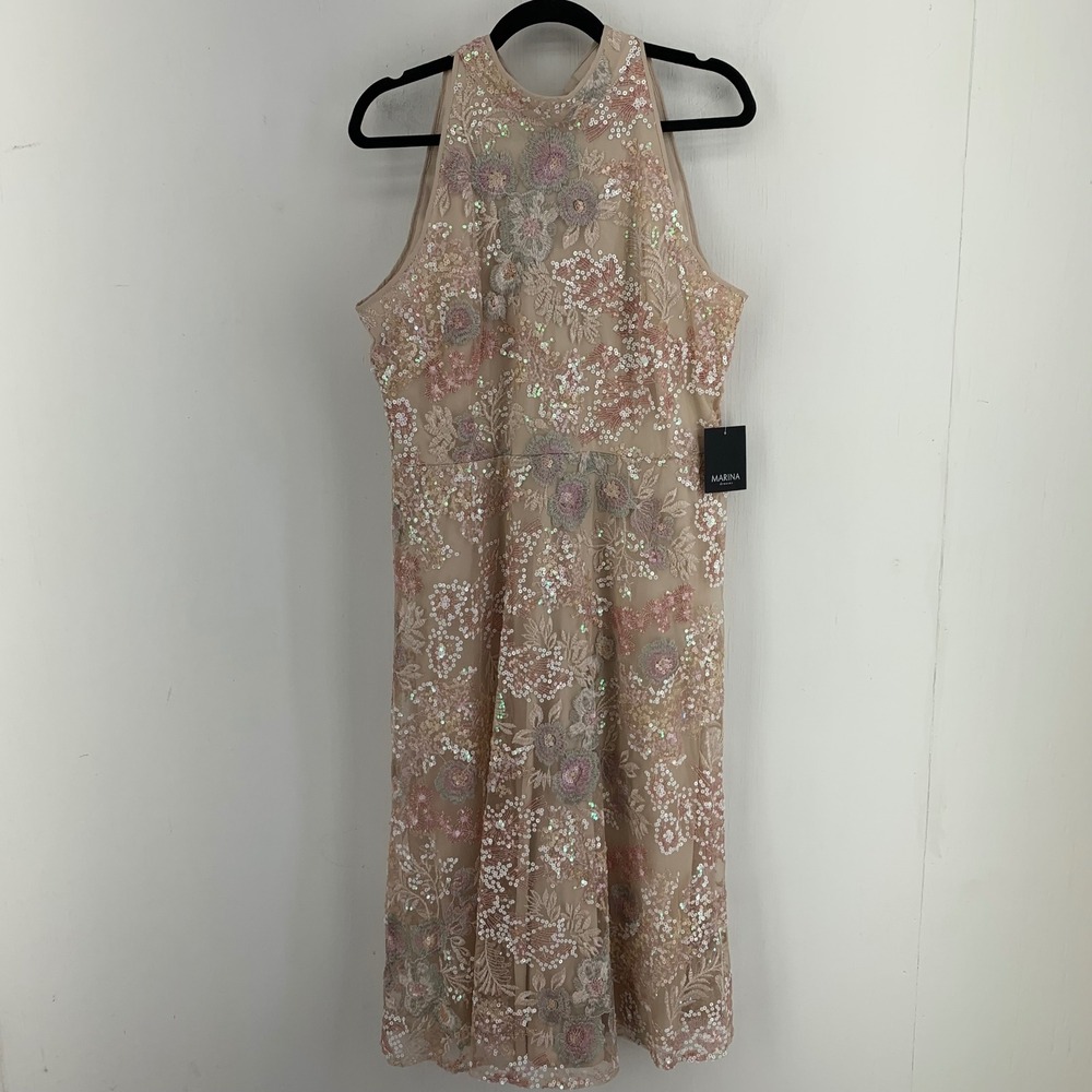 Marina Floral Embroidered Sequin High Neck Dress Large‎ Fairy Coquette Romantic